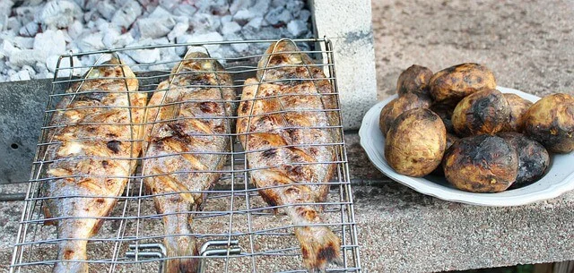 Fish and potatoes on gradele
